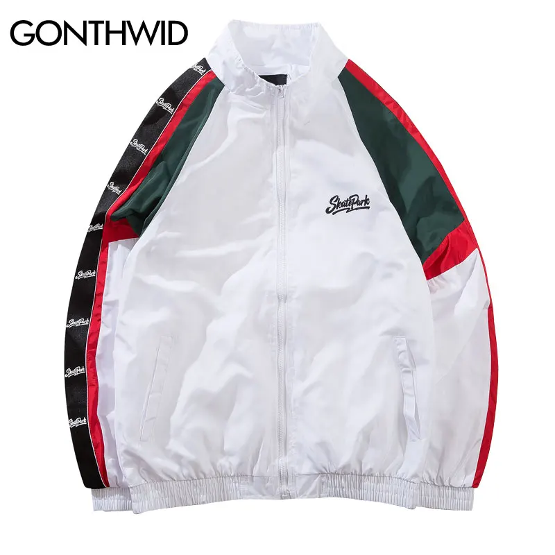 GONTHWID Sleeve Ribbon Color Block Patchwork Full Zip Track Jackets Men