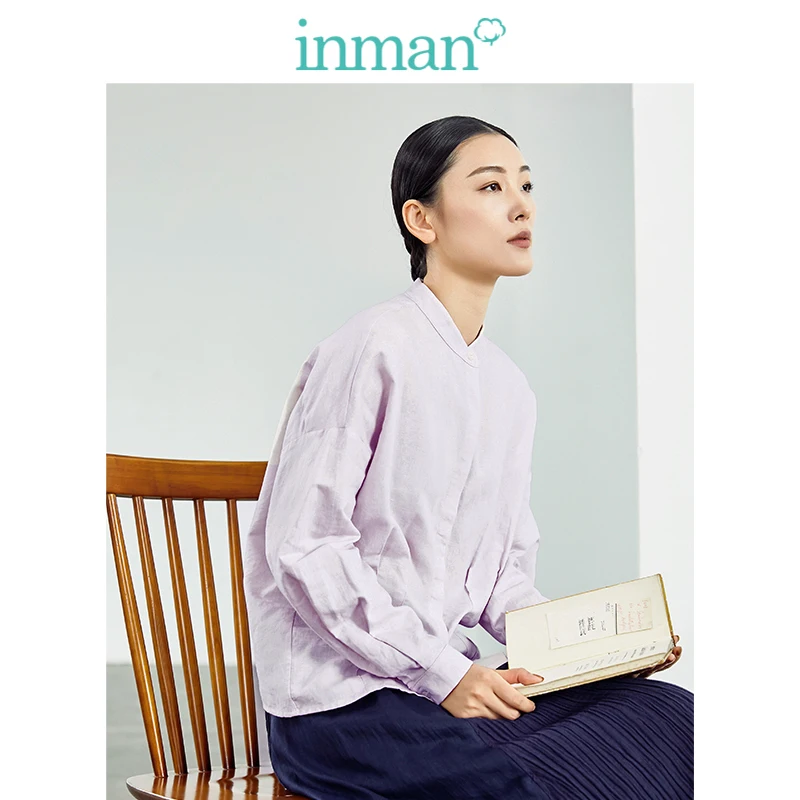 

INMAN 2019 Autumn New Arrival Clear Linen Cotton Stand Up Collar Literary Retro All Matched Slim Long Sleeve Women Blouse