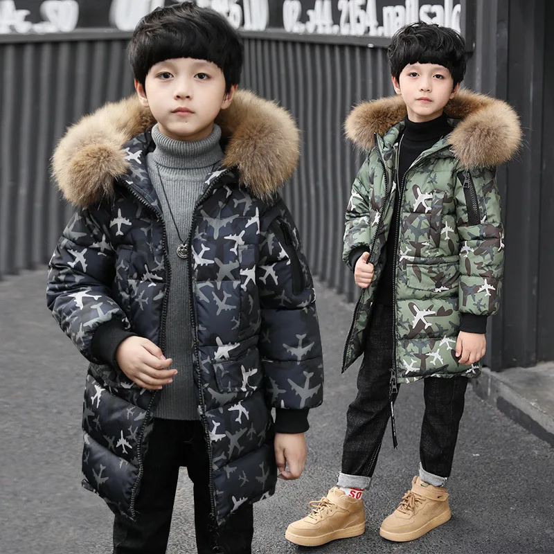 Parkas Coat Boy Winter jacket hooded fur collar camouflage long big boy