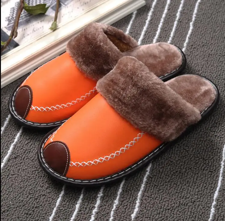 Зимние женские домашние тапочки из натуральной кожи для мужчин; теплая плюшевая нескользящая домашняя обувь на меху; женская хлопковая обувь на плоской подошве