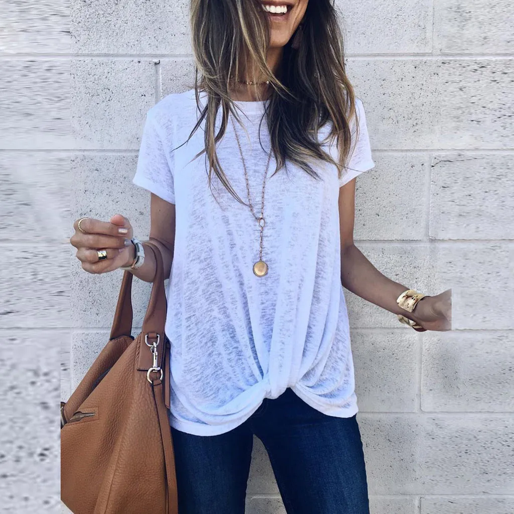 

Women Casual Knot Short Sleeve Round Neck Tunic T-Shirt Tops Tee Shirt Femme Camiseta Mujer Summer Solid Women Tshirt Female