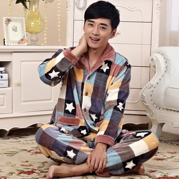 

Winter Men Sleepwear Flannel Thickening Warm Pajamas Middle-aged sleep Pyjamas trousers Men's lounge Pajama Set