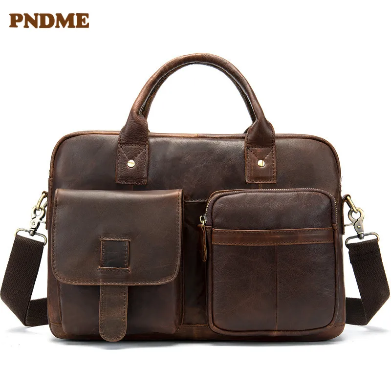 PNDME натуральная кожа мужской деловой портфель ретро большой емкости водонепроницаемая сумка через плечо сумки для ноутбука