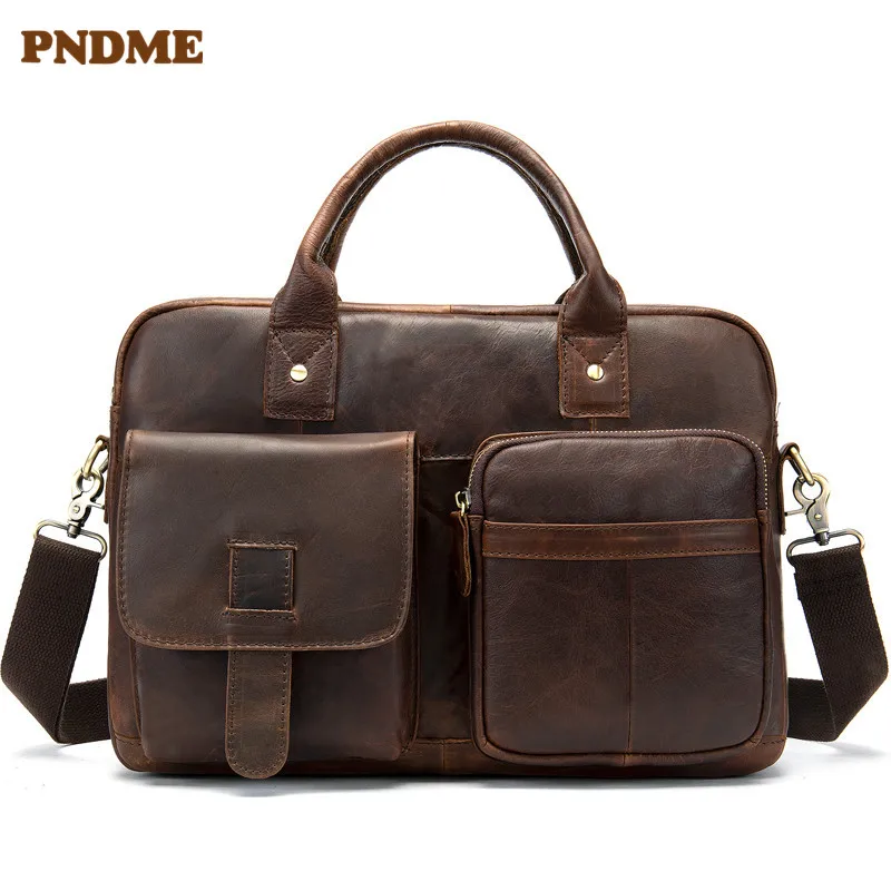 

PNDME genuine leather men's business briefcase retro large capacity high quality shoulder messenger bags luxury laptop bag