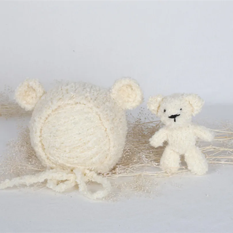 

Amigurumi Toy Photography Props Cute Teddy Bear Bonnet and Hat Set Knitted Newborn Outfit Crochet Stuffed Animal Toy Gift