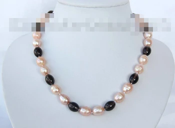 

0647 baroque pink freshwater pearl black crystal necklace