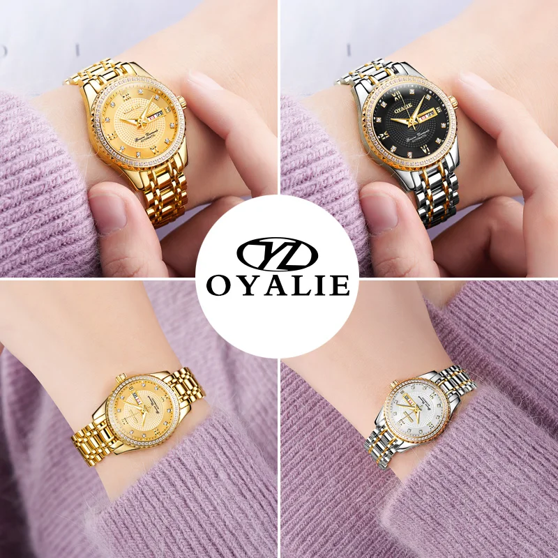 OYALIE Ladies Watch Women Stainless steel Automatic Mechanical Business Luxury Rhinestone Date week Waterproof relogio feminino