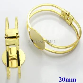 

New Gold tone Plated Brass Bangle Bases with 20mm Round Bezel Pads Blank Resin DIY Spring Bangle Bracelet Cuff Settings Findings