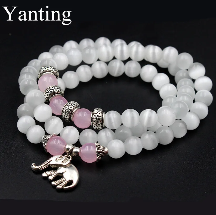 

Fashion jewelry natural pink white opal beads with elephant pendant vintage women bracelet jewelry brand design pearl beads 0265