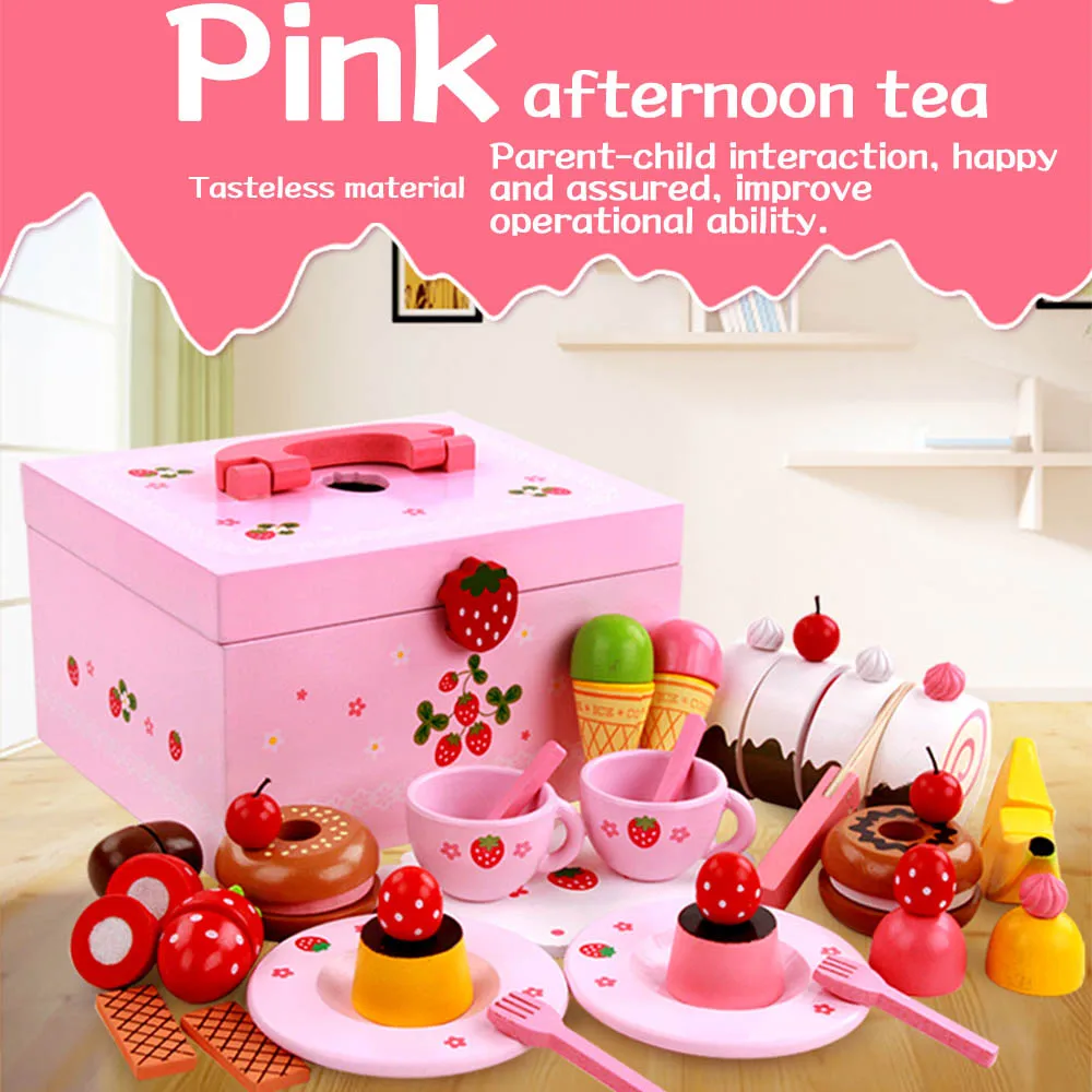  Baby Toys Strawberry Simulation Cake/Afternoon Tea Set Cut Game Pretend Play Kitchen Food Wooden To - 4000019189279