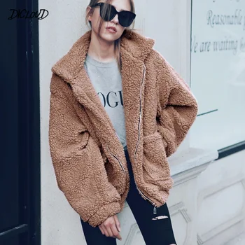

Autumn Winter Casual Teddy Coat Women Loose Zipper Splice Long Sleeve Lapel Slim Coats Ladies 2019 Harajuku Plus Size Outerwear