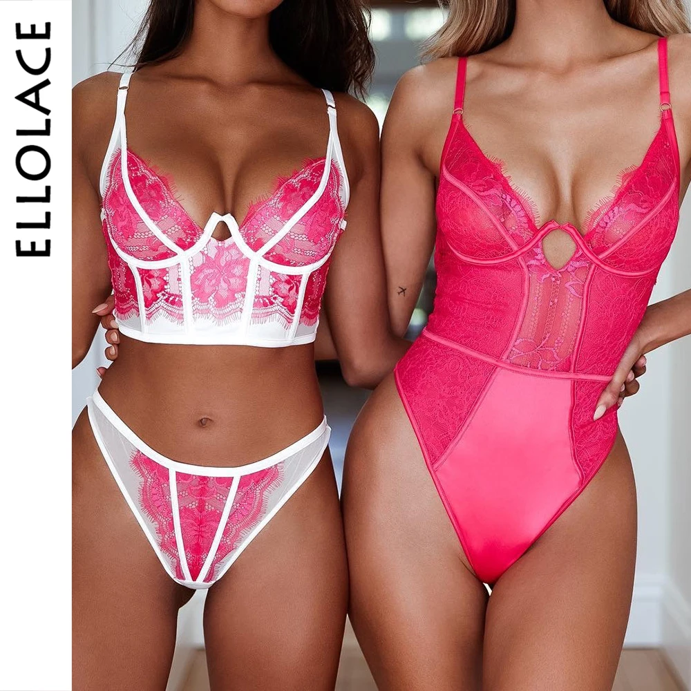 

Ellolace Mesh Lace Bodysuit Women Jumpsuit Pink Sexy Body for Women V-Neck Sexy Transparent Bodycon Black Overalls for Women