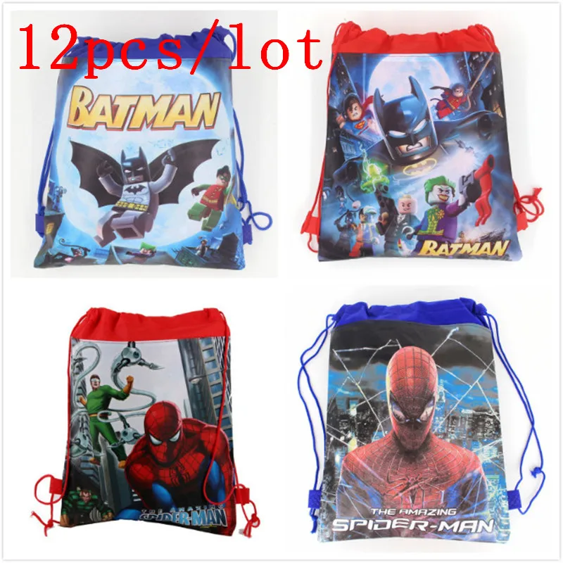 12 шт./лот, рюкзак с рисунком Человека-паука из нетканого материала, рюкзак на шнурке, сумки с Бэтменом, детская школьная сумка с человеком-пауком