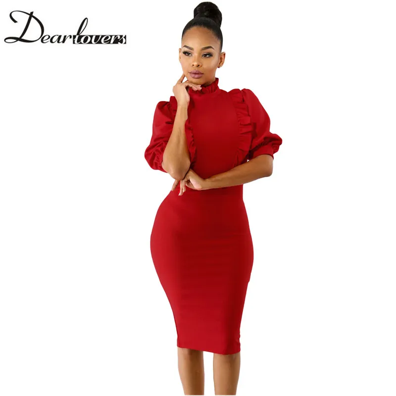 Red-Ruffle-High-Neck-Lantern-Sleeve-Dress-LC610050-3