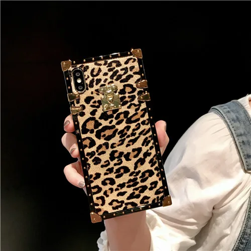 Fashion Rivet Square Box Leopard Case Cover For iPhone 11 Pro XS Max XR X 8 7 6S Plus Samsung Galaxy NOTE 10 9 8 S10E S9 S8 Plus - Цвет: CAMEL