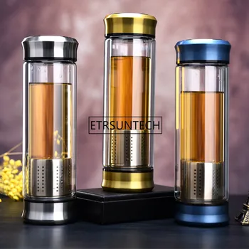 

300/400mL Business Type Water Bottle Glass Bottle with Stainless Steel Tea Infuser Filter Double Wall Glass Sport Water Tumbler