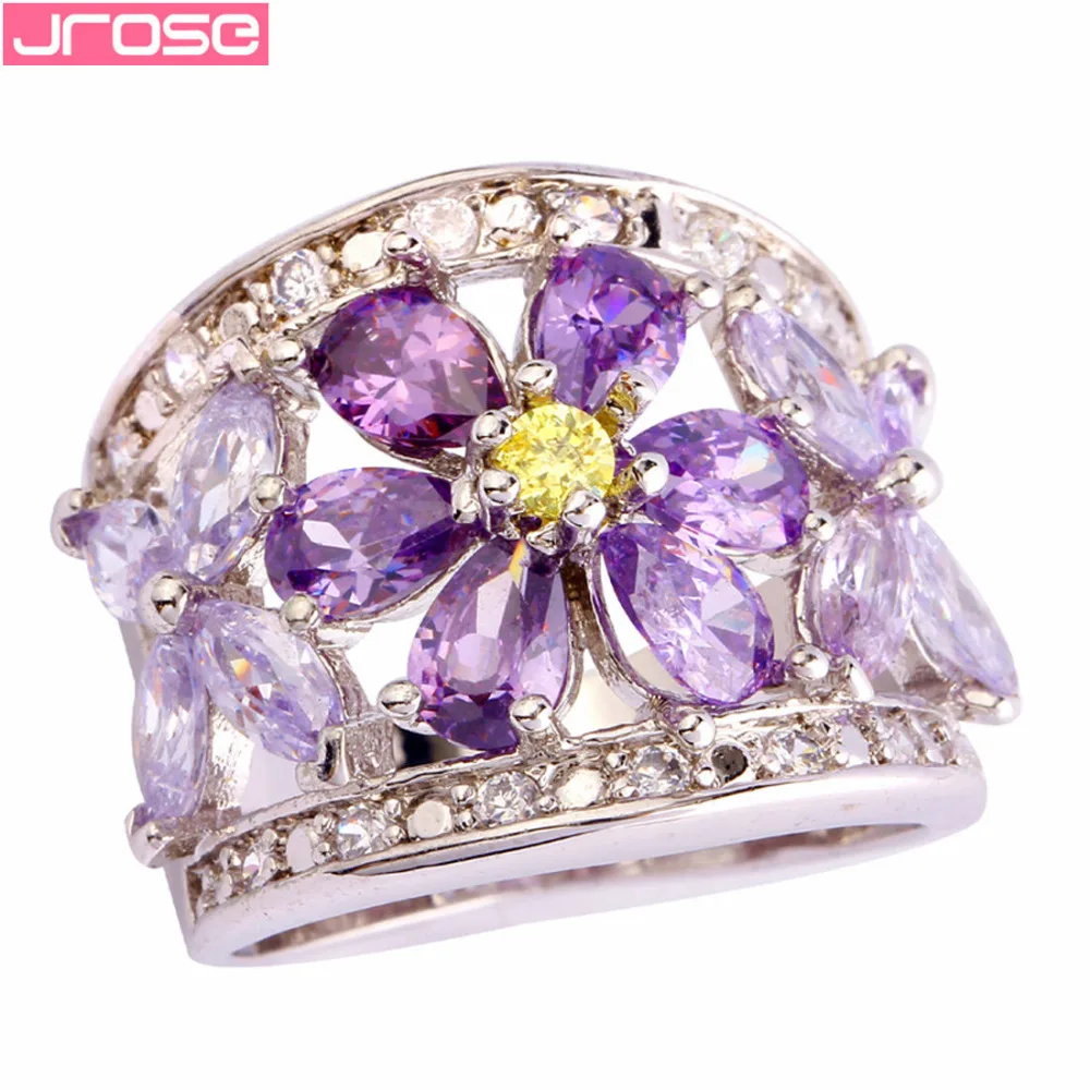 

JROSE Precious Flower Rings Purple & Gold & White CZ 925Silver Color Ring Size 7 8 9 10 Wholesale Jewelry For Women Gifs