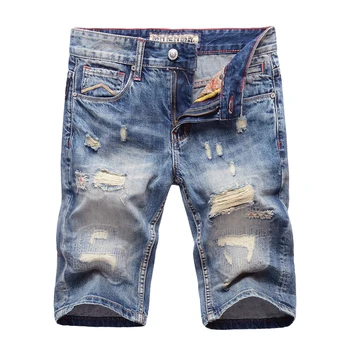 

Fashion Streetwear Men Short Jeans Blue Color Designer Ripped Jeans Men Destroyed Denim Shorts Summer Hip Hop Jeans Shorts Homme