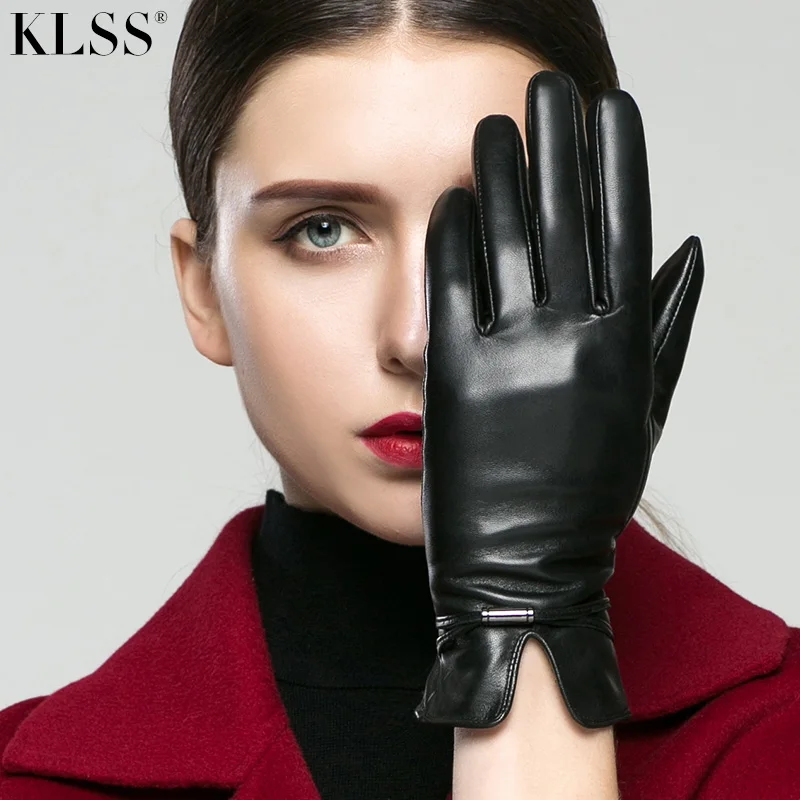 KLSS Brand Touch Screen Genuine Leather Women Gloves 2017 Winter High Quality Goatskin Gloves Elegant Lady Sheepskin Glove 83