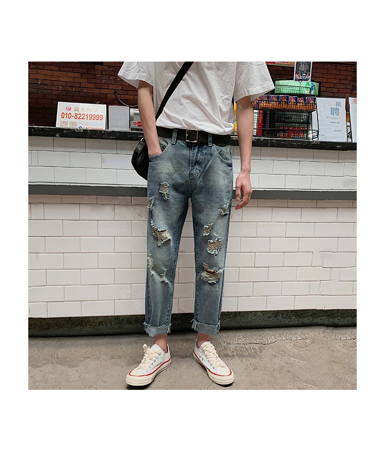 2018 Мужская мода отверстие Харен Повседневное прямые брюки Homme стрейчевый облегающий голубой цвет джинсы Байкер джинсовые брюки плюс