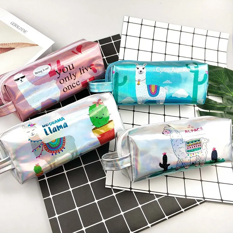 

Cactus Alpaca Pencil Case Laser Pen Bag For Girl Boys Holographic Student Large Capacity PU Waterproof Pen Box School Supply