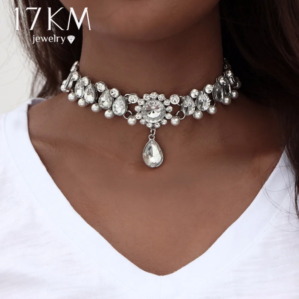 Image 17KM Boho Collar Choker Water Drop Crystal Beads Choker Necklace  pendant Vintage Simulated Pearl Statement Beads Maxi Jewelry