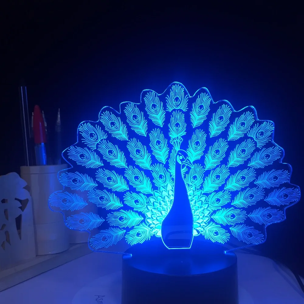  Peacock Spreads Tail Peafowl 3D LED Night Light 7 Color Changing Animal Table Lamp Home Decor Gifts - 32860422595