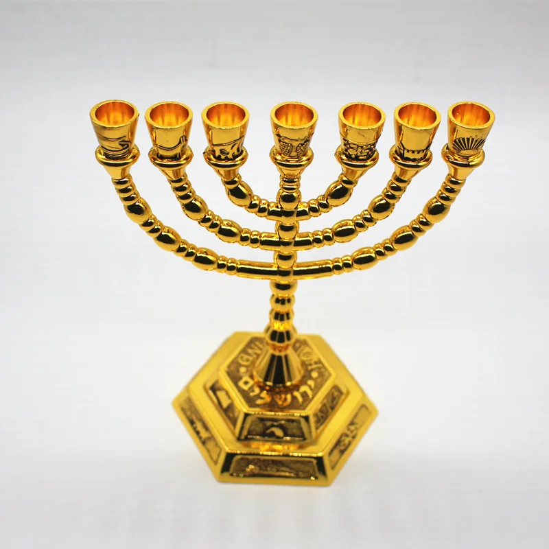 Позолоченный держатель Menorah 7 ветка 12 племен Jerusalem Judaica 4,7 дюймов