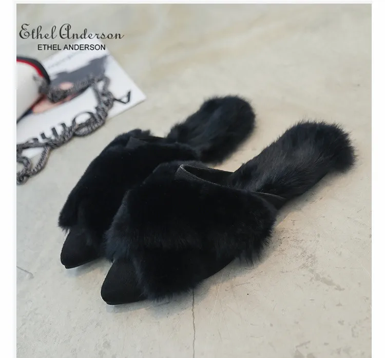 ETHEL ANERSON/роскошные Тапочки с натуральным кроличьим мехом; домашние тапочки; красивые пушистые шлепанцы без застежки; мягкая обувь - Цвет: Style 1 Black