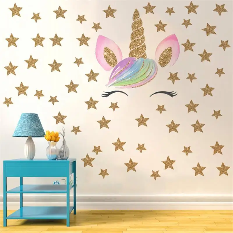 

Cartoon Flower Unicorns Bling Stars Wall Stickers Wallpaper DIY Vinyl Home Wall Decals Kids Living Room Bedroom Girls Room Decor