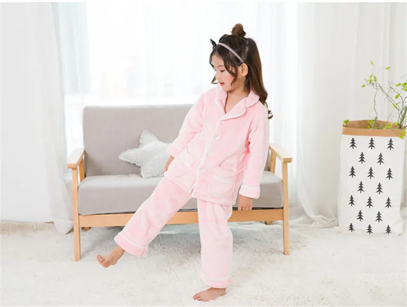 Детская однотонная Пижама фланелевые комплекты темно-синяя и розовая одежда для сна для детей от 3 до 12 лет, пижамный комплект для маленьких мальчиков и девочек
