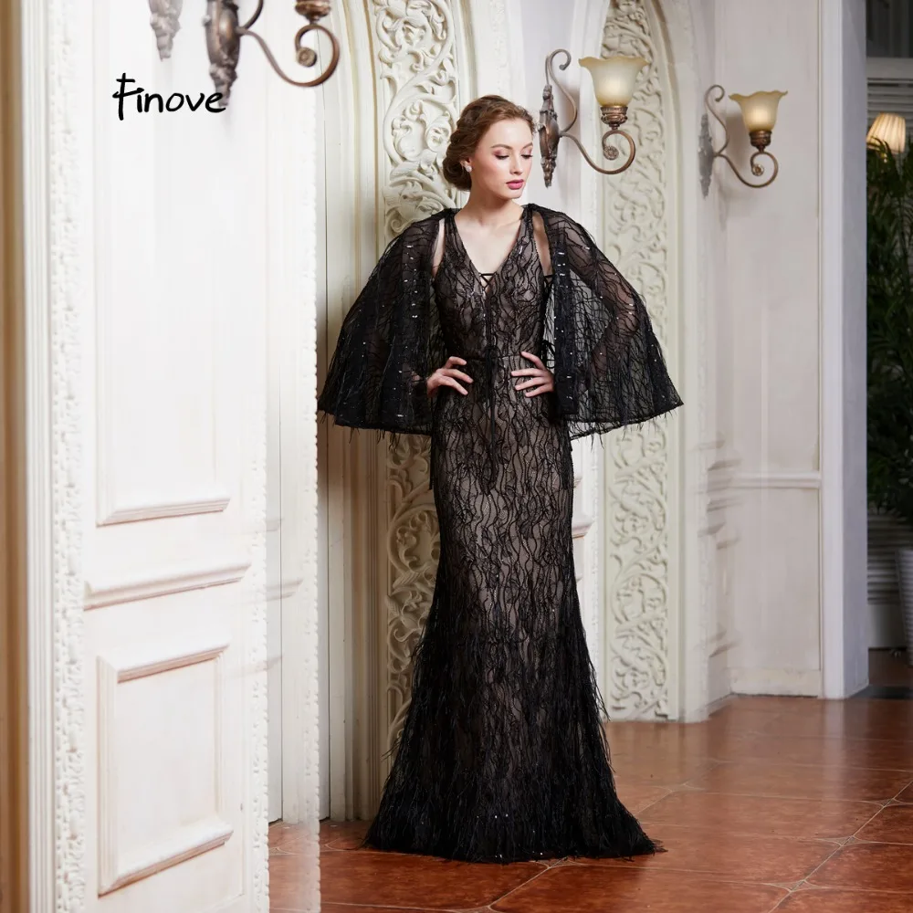 

Finove Evening Dress 2019 Long Sexy Lace Up Neck Line Lace Feathers Beading With Jacket Formal Party Woman Dress Robe de soiree