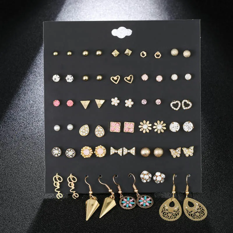 30 пар/компл. Новый Мода розовые стразы шпильки Комплект сережек для женщин с