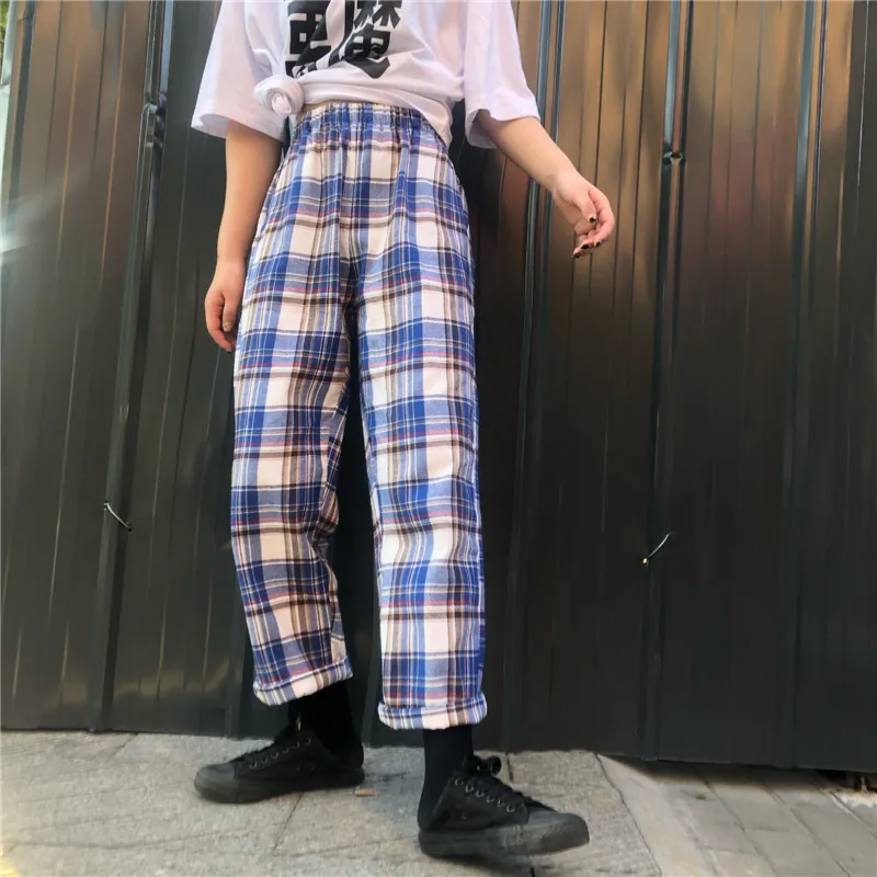 

Women Retro Basic Plaid Straight Cropped Pants 2019 Korean Fashion Ulzzang Harajuku Loose Trousers for Female