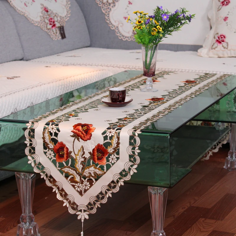 

Hot sale elegant European embroider table runner hollow out quality tablecloth bed mat TV cabinet cover home decoration
