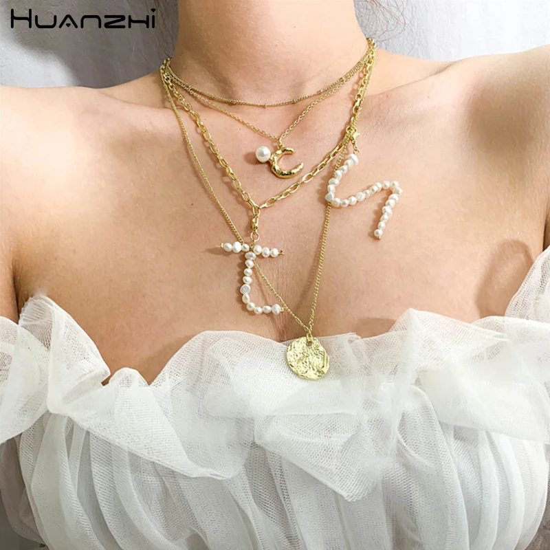 

HUANZHI 2019 Baroque Nature Collares Irregular Pearls Multi-layer Long Chain JN Metal Moon Necklace For Women Jewelry Gifts