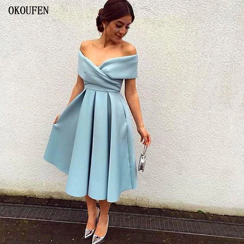 2018 Simple Blue Short Prom Dresses Off Shoulder Ruched Satin Tea Length Lavender Evening Dresses Party Dresses Mid Length Without Pockets 副本