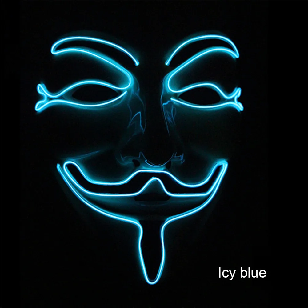 Неоновая маска V для вендетты тушь для ресниц Led Guy Fawkes маска маскарадные маски вечерние тушь на Хэллоуин светящаяся маска светильник Maska Scary - Цвет: Icy Blue