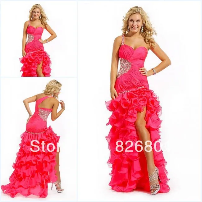 2013 Fresh Looking Sweetheart Neck Hot Pink Organza Lyered High Split Prom Dress Single Shoulder | Свадьбы и торжества