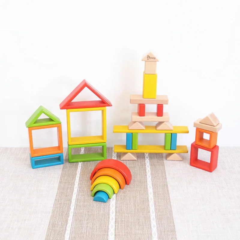 

32PCS Geometric Assembling Blocks Wooden Box Set Rainbow Building Blocks Wooden Toys For Kids Montessori Educational Toys Gift