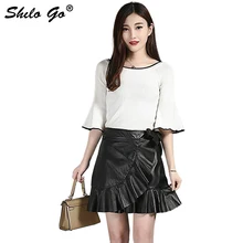 Кожаная юбка Женская Осенняя модная овчина юбка из натуральной кожи спереди оборки бант Регулируемая высокая талия черные юбки