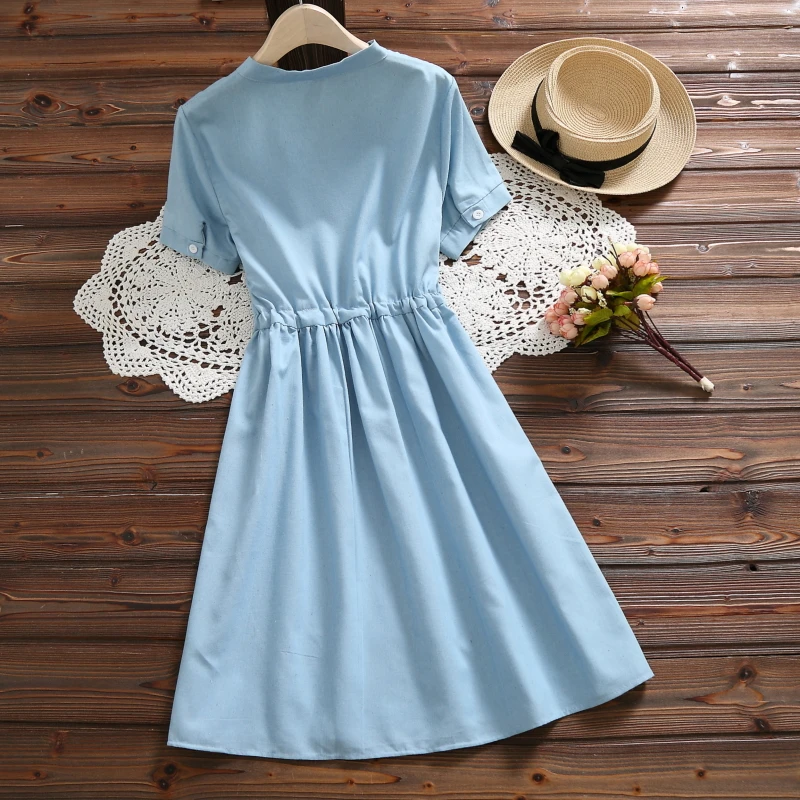 Летняя одежда для женщин, платье с вышитым Кроликом, с v-образным вырезом, на завязках, голубое, Femininos Vestidos, с коротким рукавом, элегантное платье 4618 50