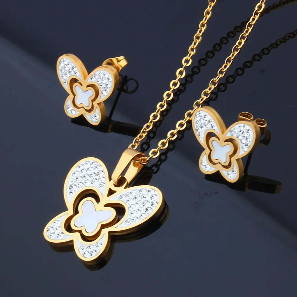 OUFEI Нержавеющая сталь комплекты украшений для женщин в виде ракушки подвеска кристальная Бабочка ожерелье, серьги-пуссеты модные золотого цвета, подарок
