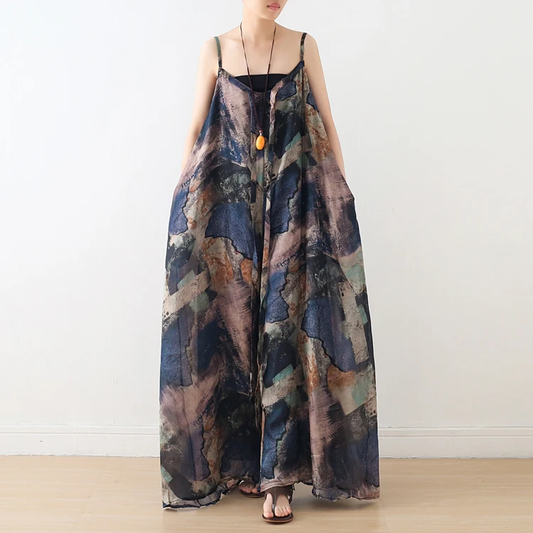 2019 summer floral chiffon printed women bohemian long jumpsuit Casual summer spaghetti strap romper wide leg playsuit overalls