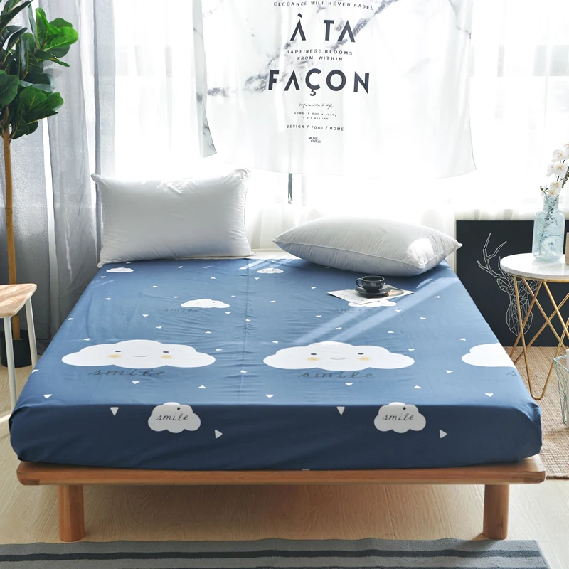 

1pcs 100% Cotton Blue Cartoon Cloud Pattern Fitted Sheet Stripe Mattress Cover Four Corners With Elastic Band Bed Sheet 3 Size
