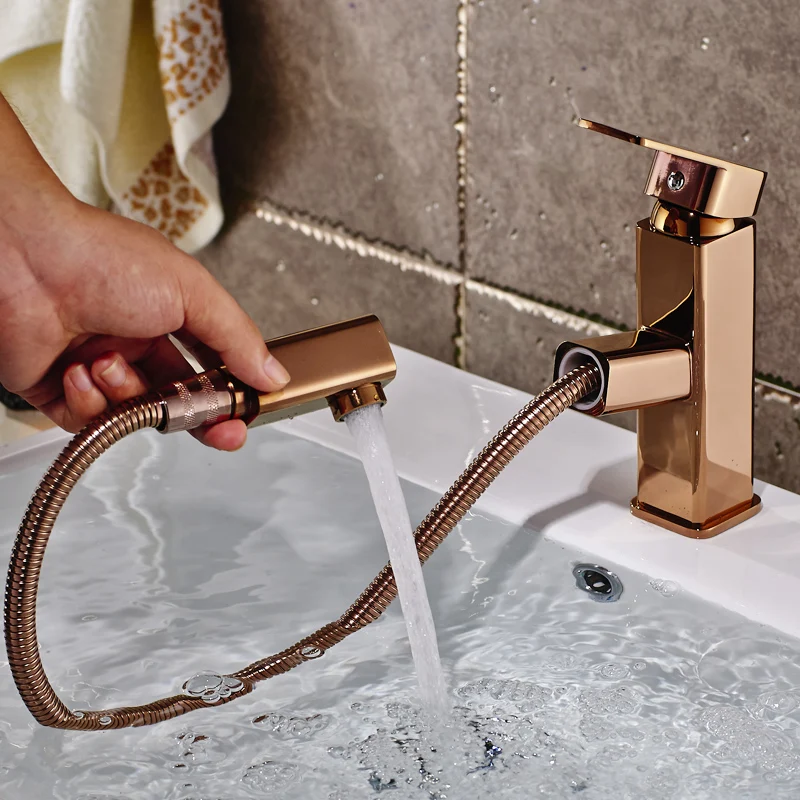 

360 Degree Pull Out Basin Faucet Basin Mixer Tap Rotate Type Rose Gold Chrome Bathroom Faucets Single Hand Bathroom