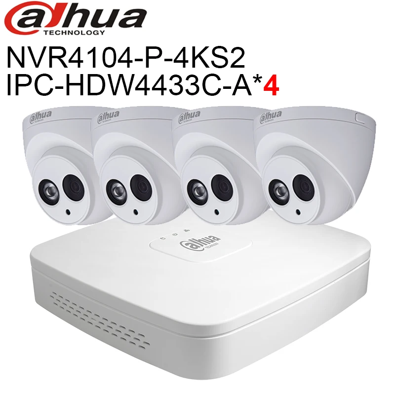 

Dahua 4ch security camera system IPC-HDW4433C-A 4pcs 4MP IP Camera NVR4104-P-4KS2 4 channel NVR CCTV System Kit Original