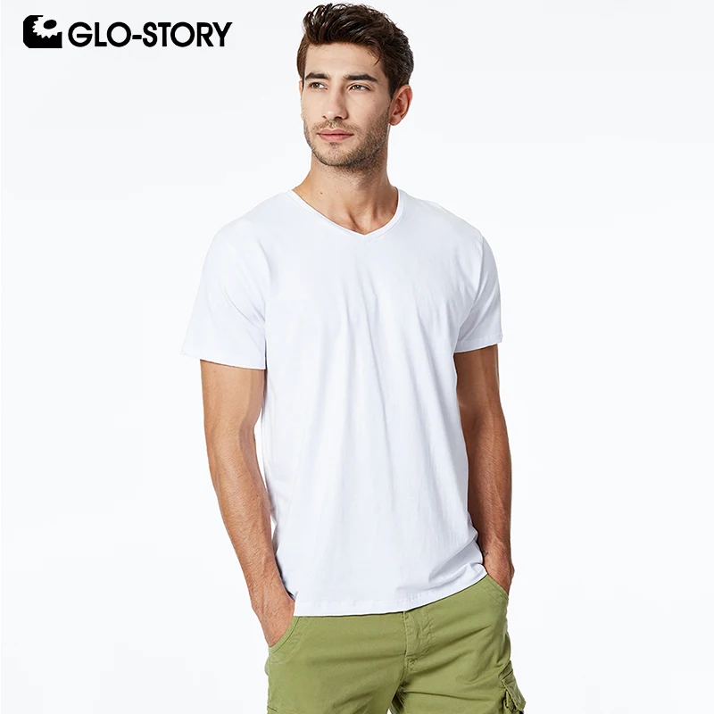 

GLO-STORY Men's 2019 Basic T-shirt Casual Solid Knitted Cotton V-Neck Shirt Male Short Sleeve Shirt MPO-8725
