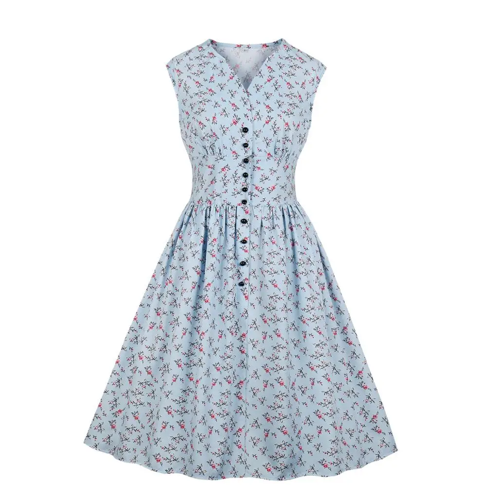 

Women Elegant Dresses Slit Split Neck Floral Print Vestido High Waist Button Down Swing Midi Pin up 1940s Vintage Tea Dress