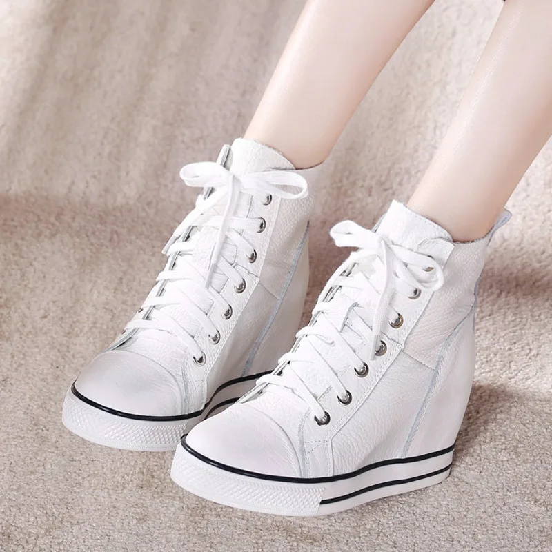 2019 Newest Spring Lace-up High-top Genuine Leather Shoes Women Sneakers Shoes High Heels Increase Within Wedges Casual Shoes 2019 Newest Spring Lace-up High-top Genuine Leather Shoes Women Sneakers Shoes High Heels Increase Within Wedges Casual Shoes